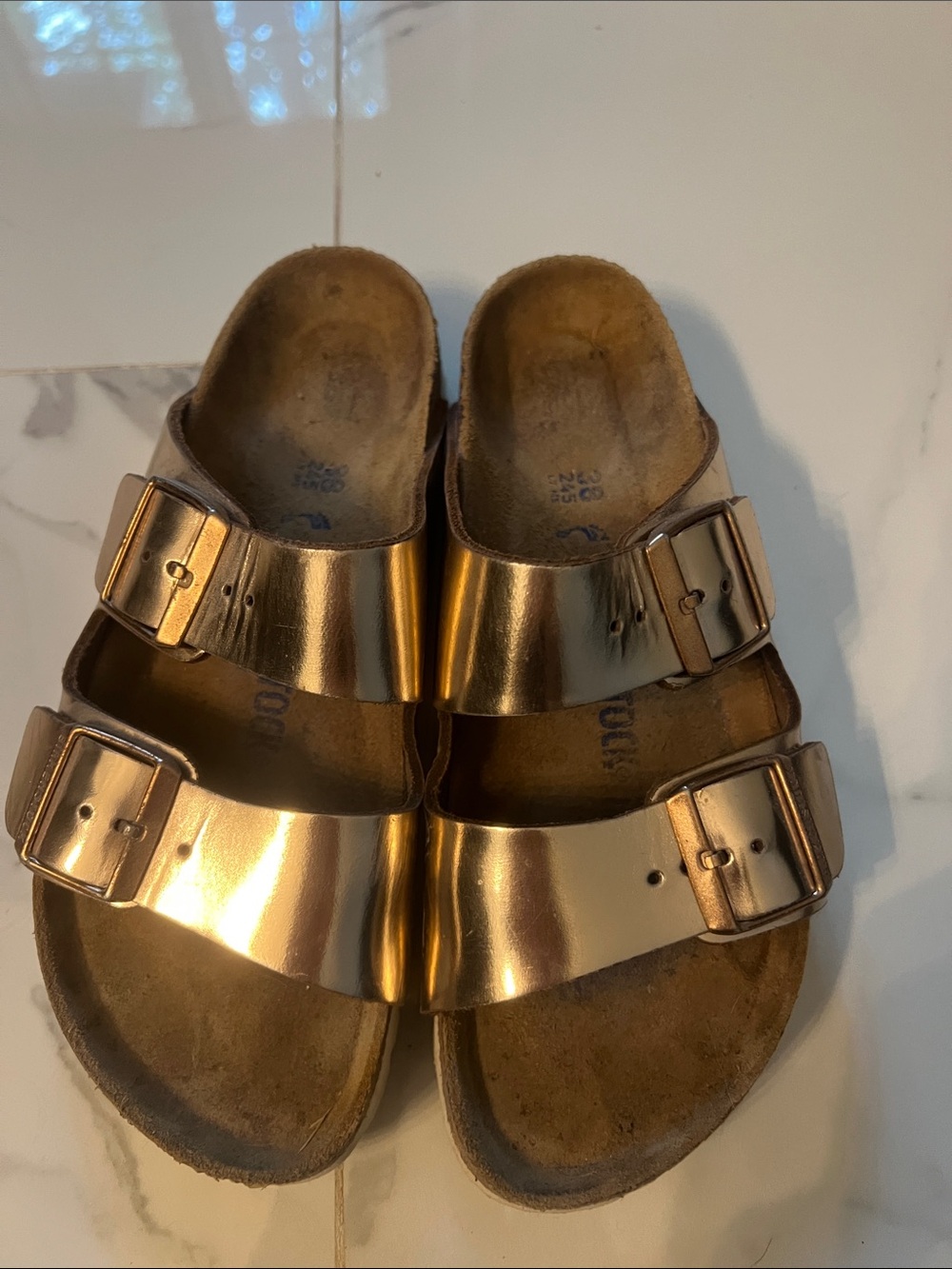Women’s Birkenstock metallic Rose Gold Double-Buckle Slide Sandals